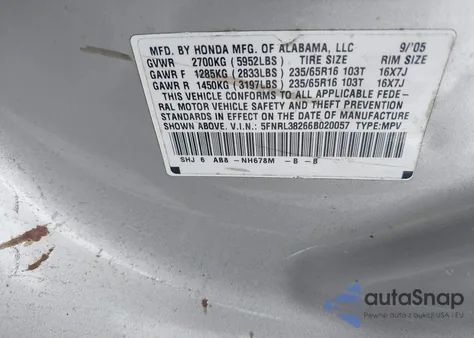 2006 Honda Odyssey Lx из США, поврежденный, VIN 5FNRL38266B020057